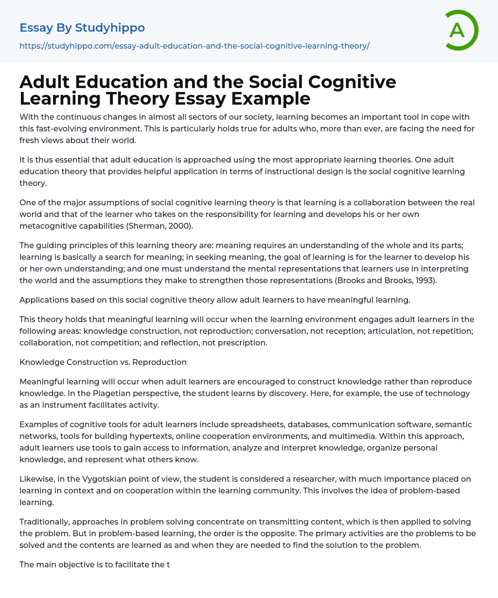 Adult Education and the Social Cognitive Learning Theory Essay Example