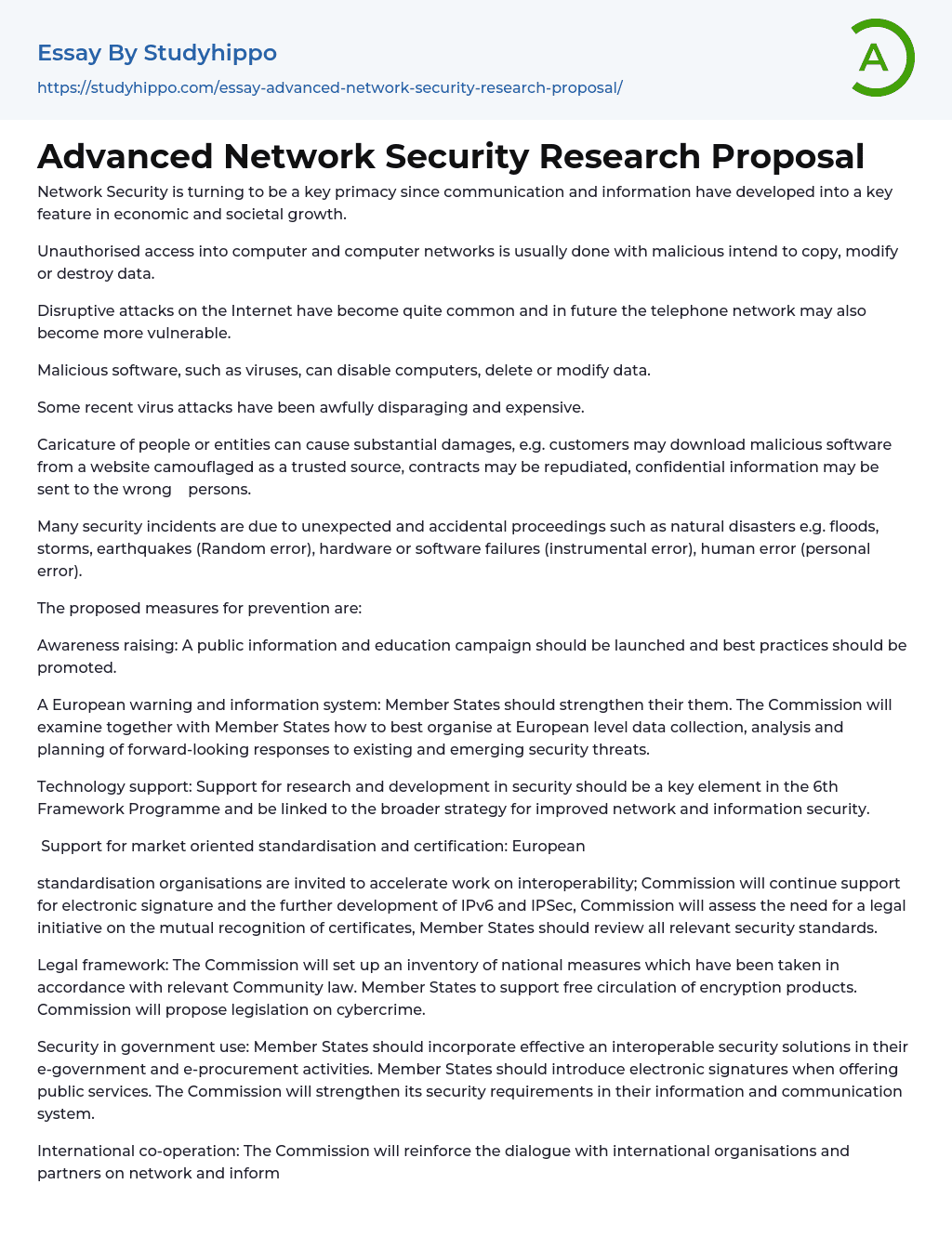 Advanced Network Security Research Proposal Essay Example