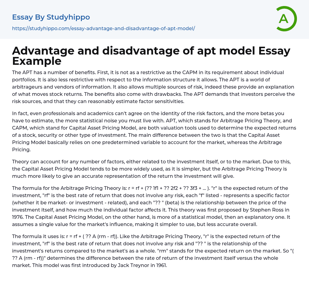 Advantage and disadvantage of apt model Essay Example