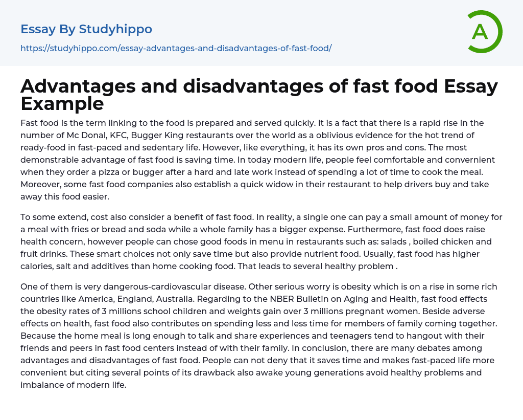 Advantages and disadvantages of fast food Essay Example