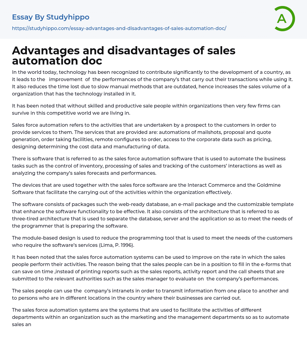 Advantages and disadvantages of sales automation doc Essay Example