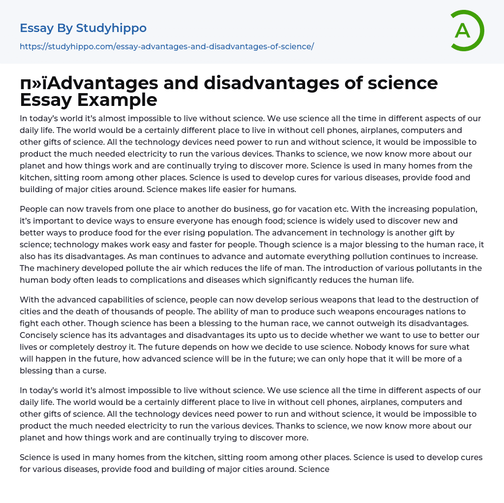 Advantages and disadvantages of science Essay Example