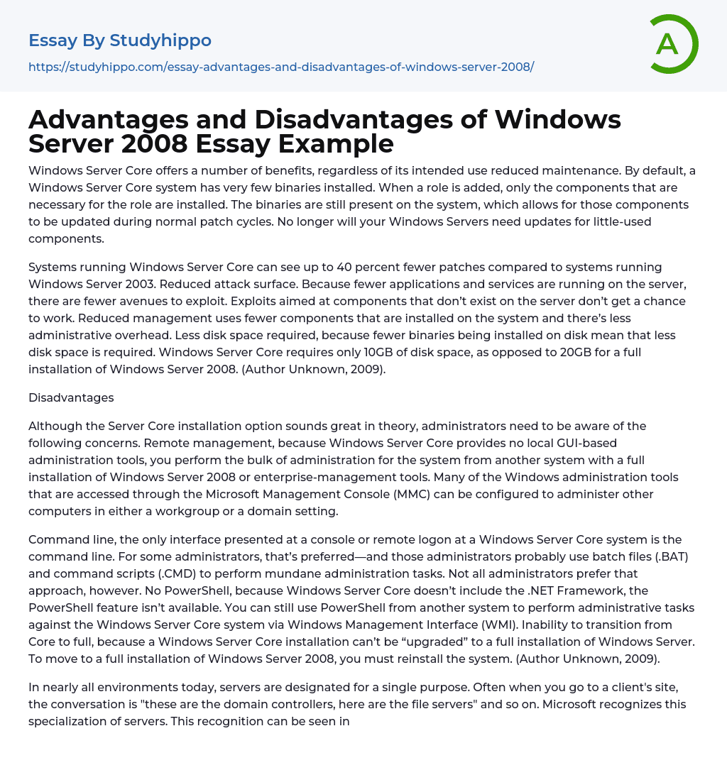 Advantages and Disadvantages of Windows Server 2008 Essay Example