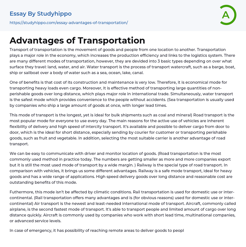 Advantages of Transportation Essay Example