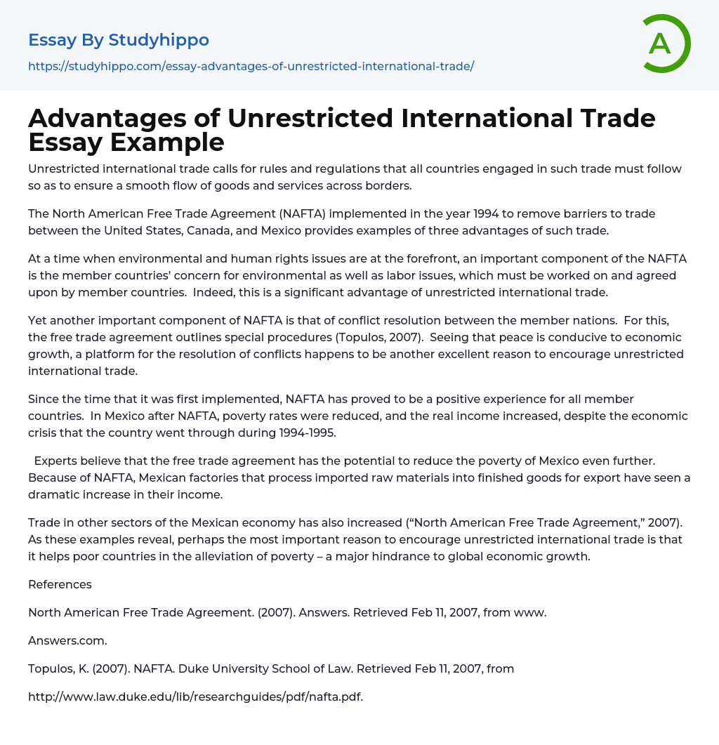 Advantages of Unrestricted International Trade Essay Example