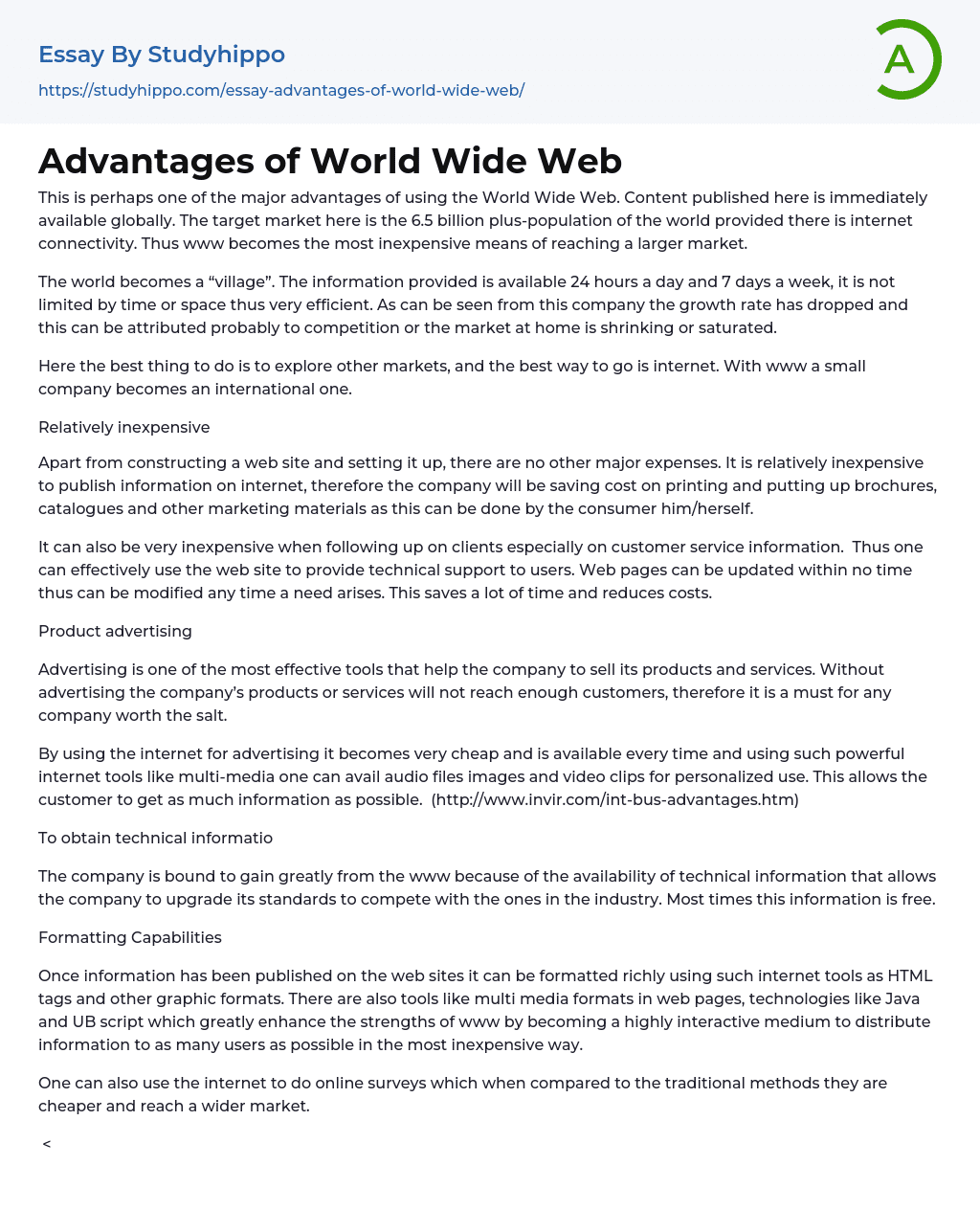 Advantages of World Wide Web Essay Example