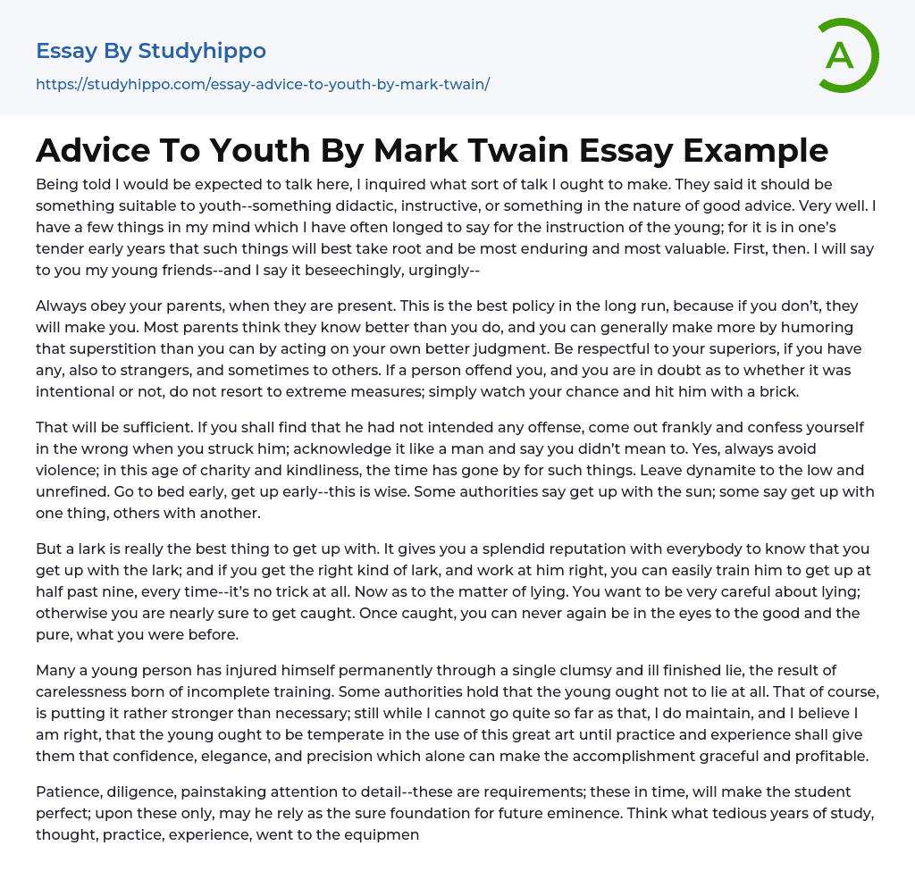 Advice To Youth By Mark Twain Essay Example