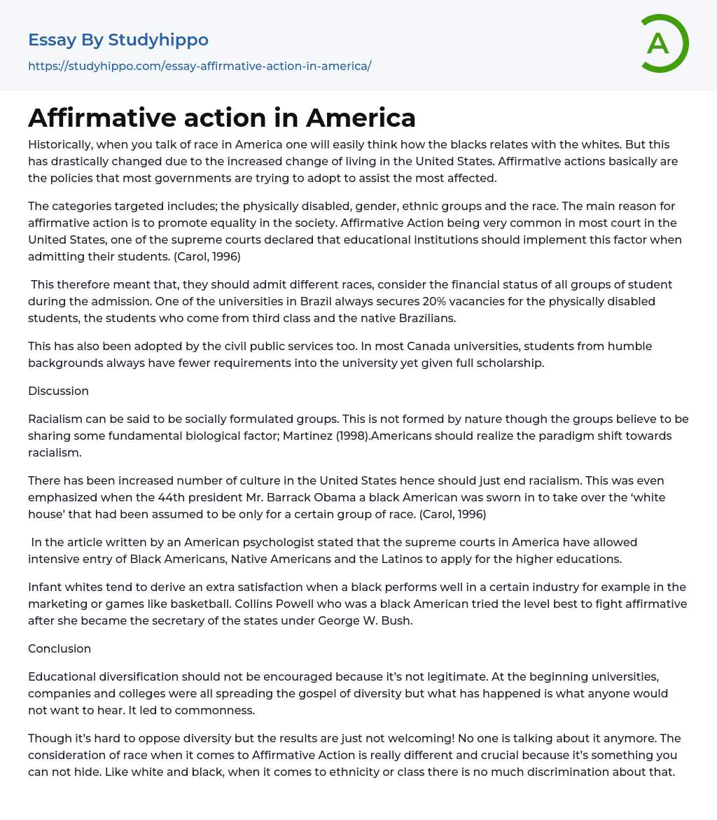 Affirmative action in America Essay Example