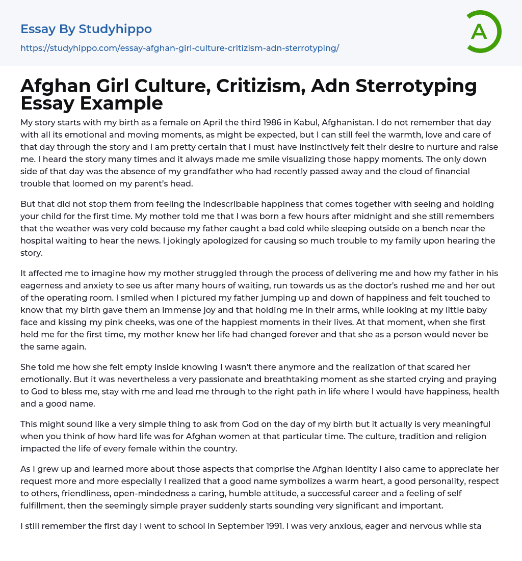 Afghan Girl Culture, Critizism, Adn Sterrotyping Essay Example