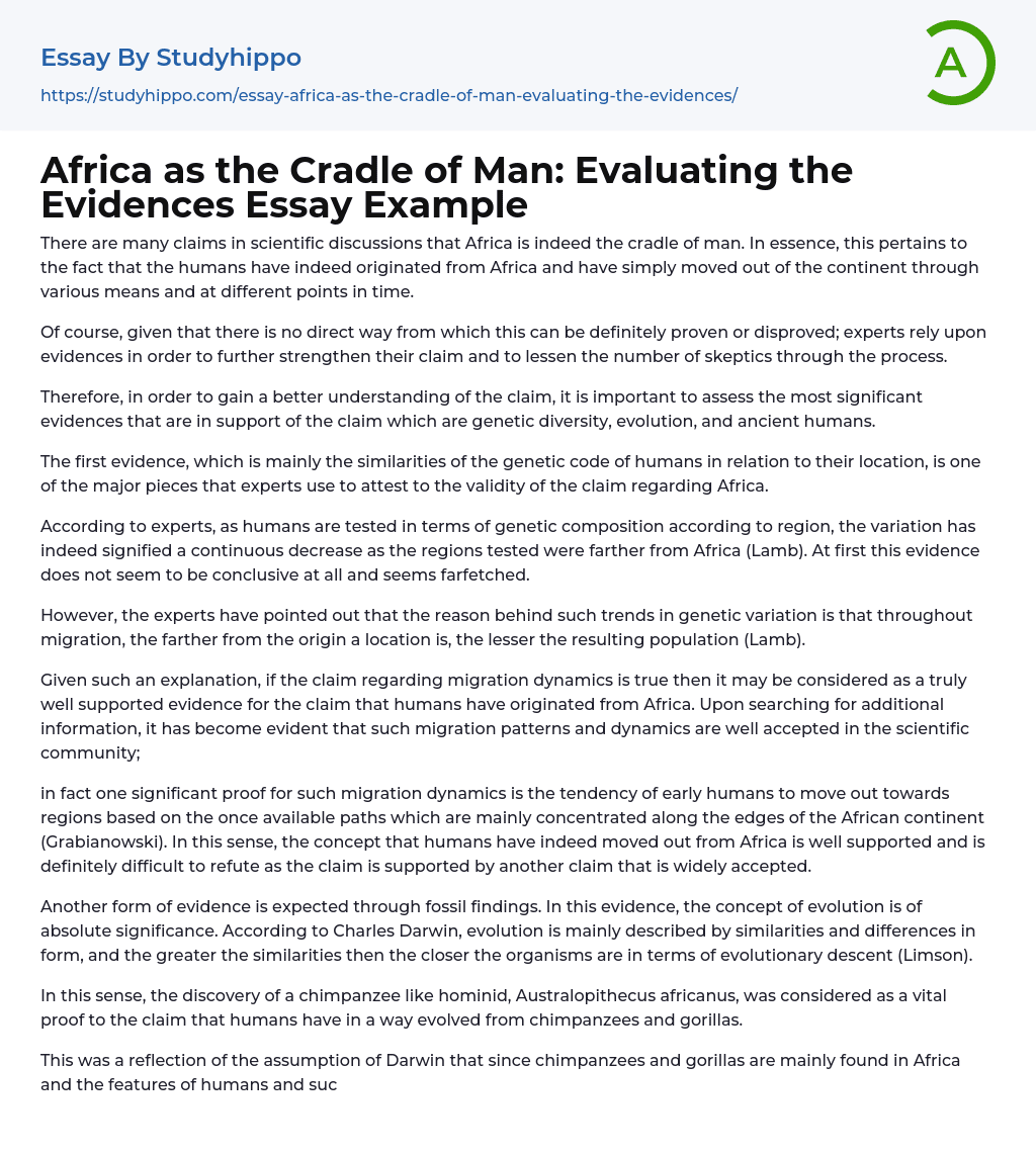 Africa as the Cradle of Man: Evaluating the Evidences Essay Example