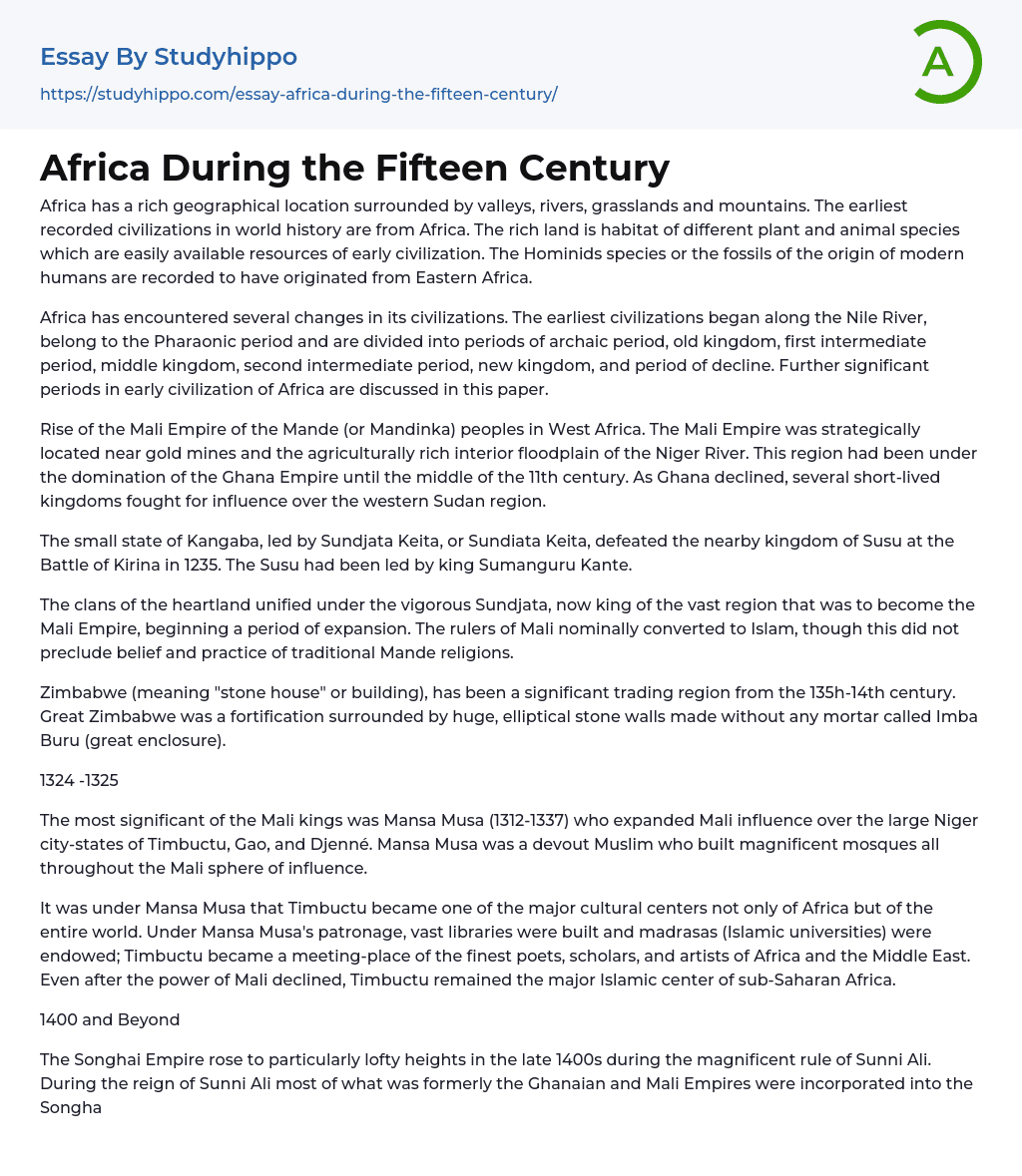 Africa During the Fifteen Century Essay Example