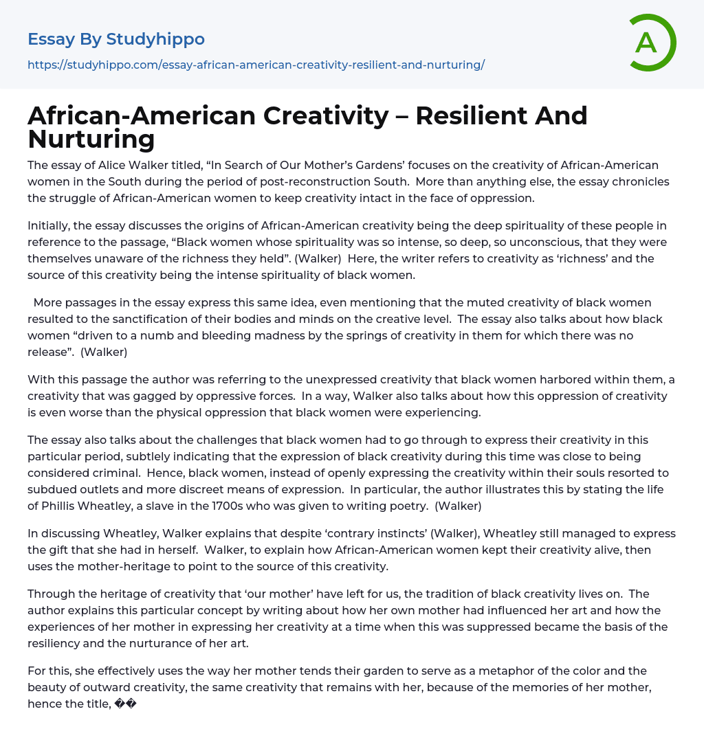 African-American Creativity – Resilient And Nurturing Essay Example