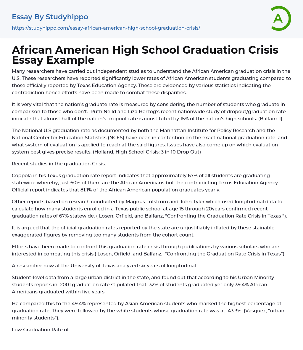 African American High School Graduation Crisis Essay Example