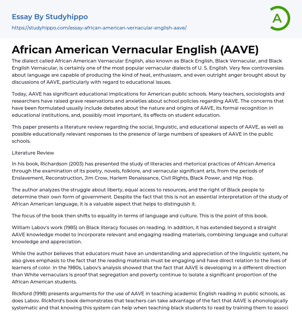 African American Vernacular English (AAVE) Essay Example
