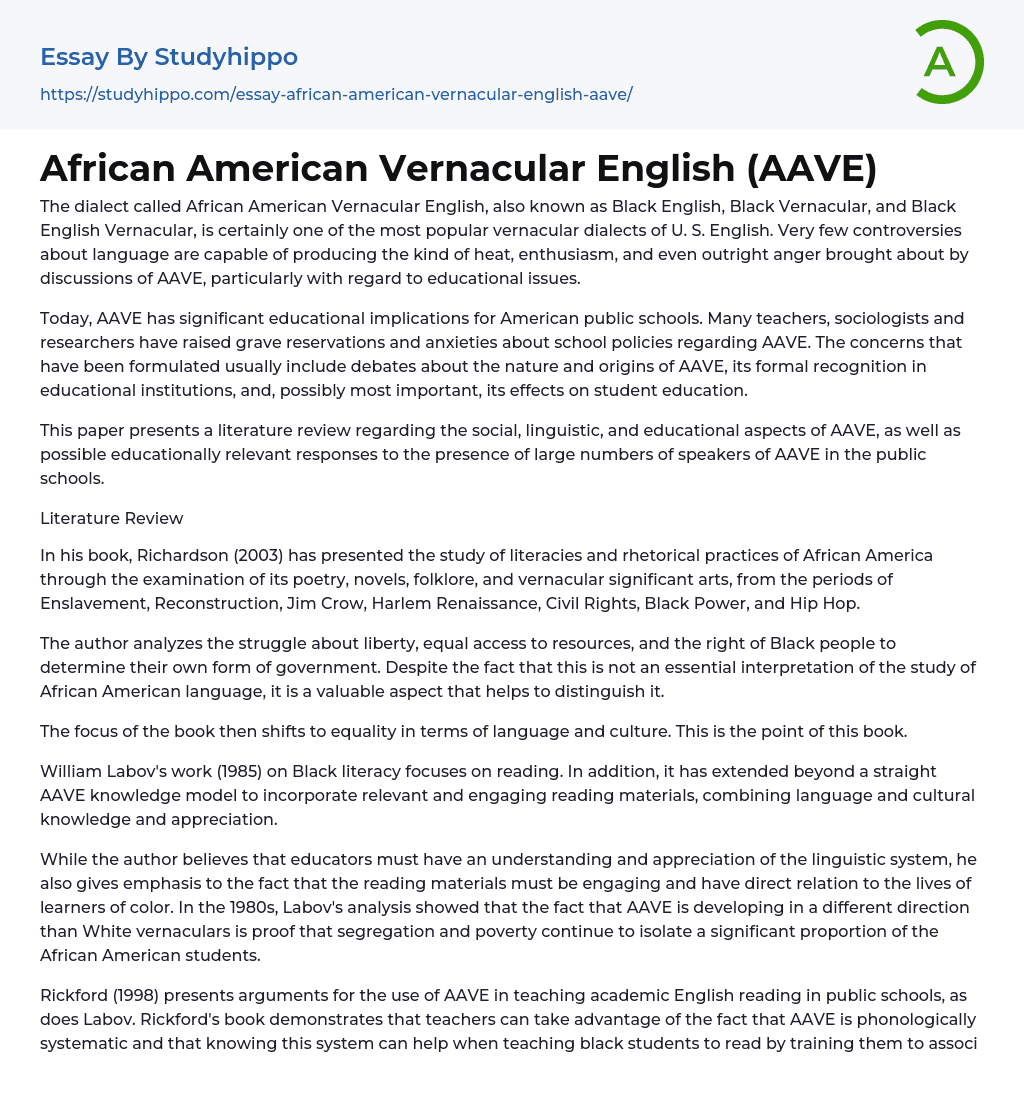 African American Vernacular English AAVE Essay Example StudyHippo