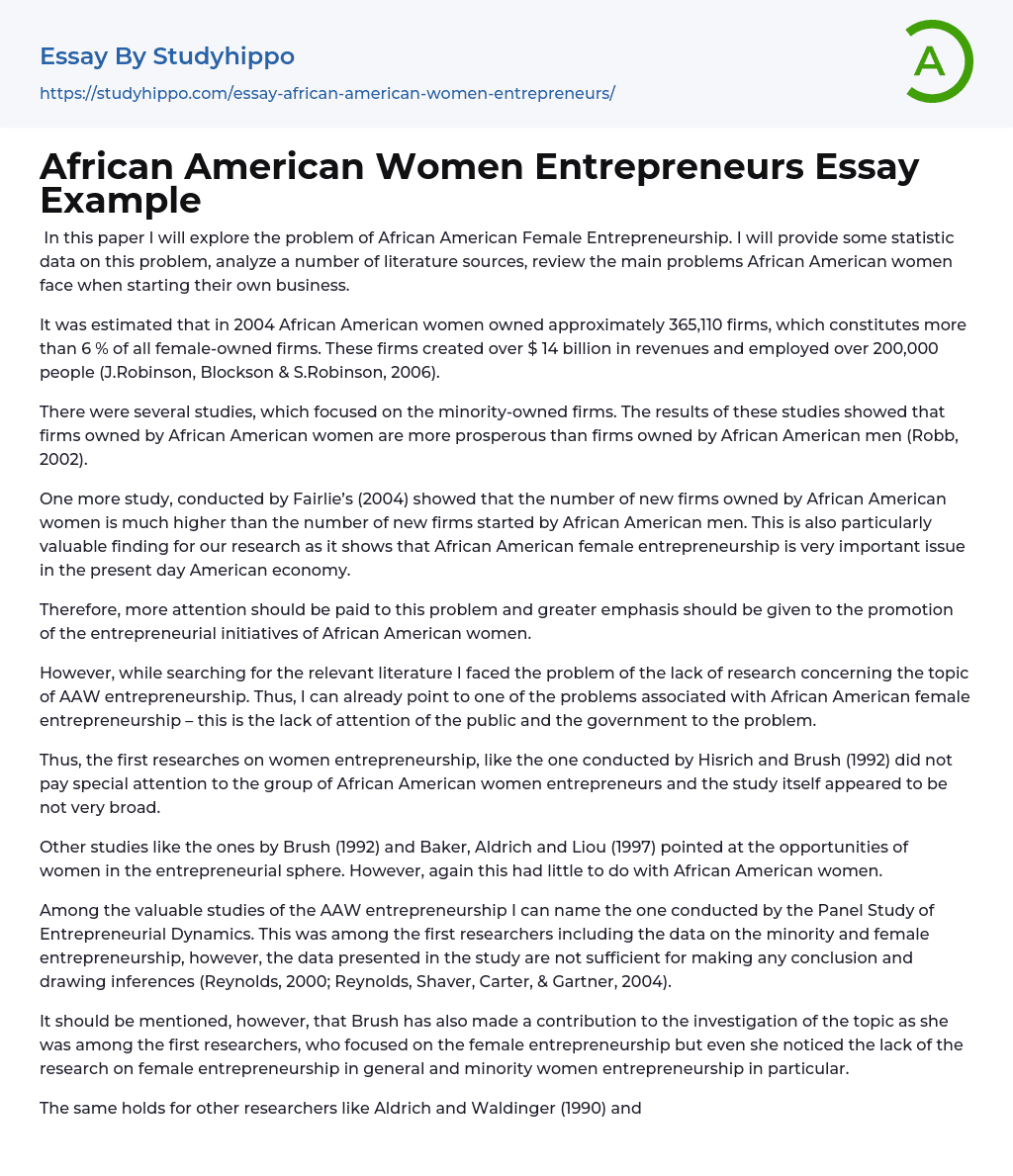 African American Women Entrepreneurs Essay Example