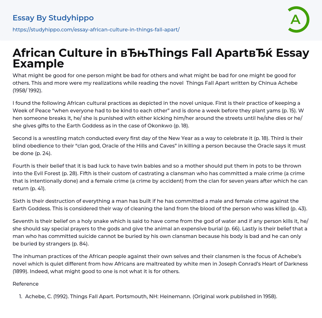 African Culture in “Things Fall Apart” Essay Example