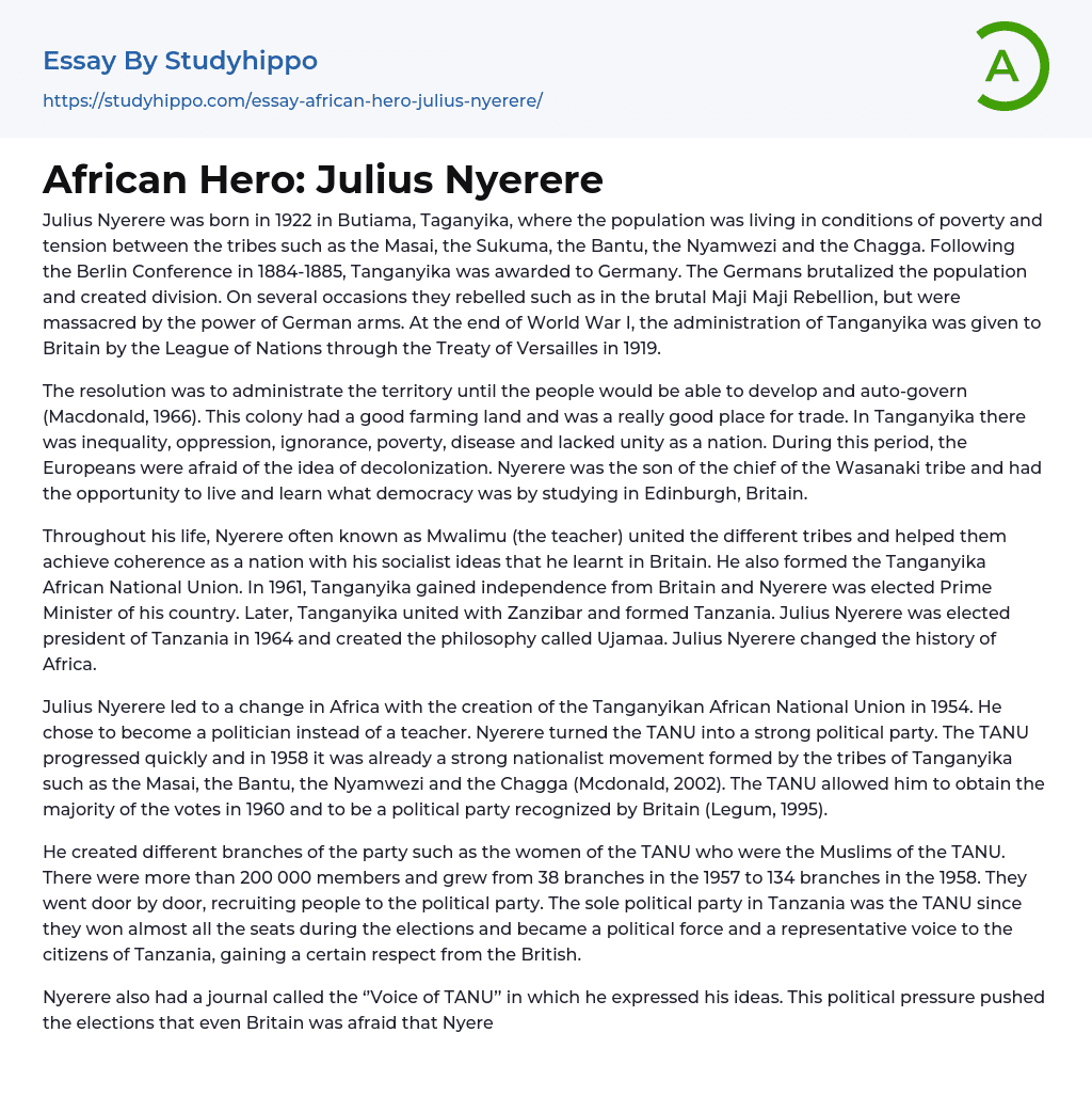 African Hero: Julius Nyerere Essay Example