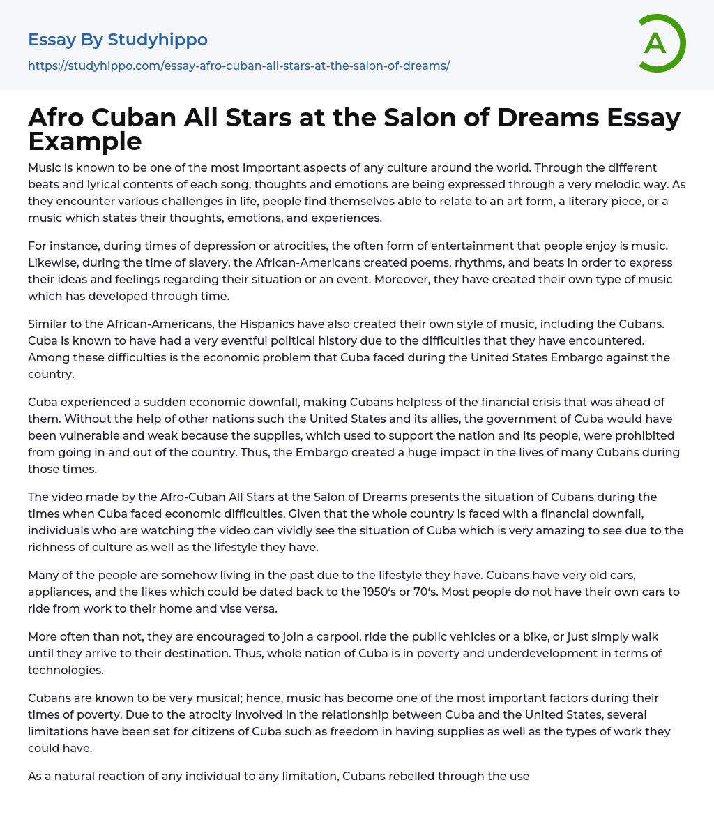 Afro Cuban All Stars at the Salon of Dreams Essay Example