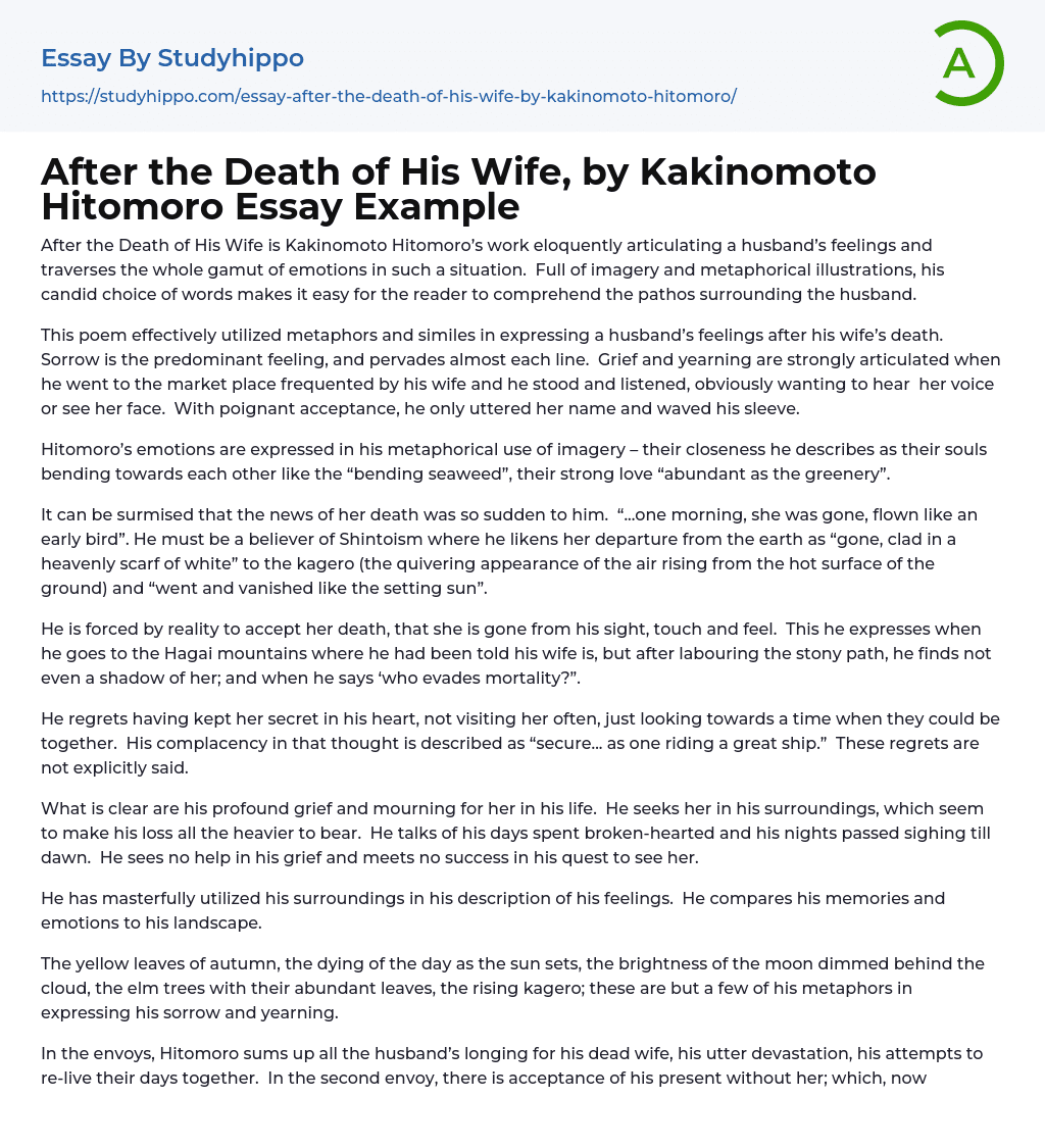 After the Death of His Wife, by Kakinomoto Hitomoro Essay Example