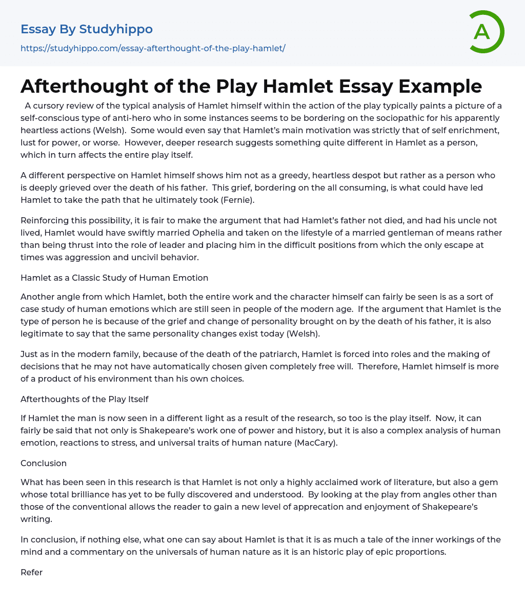 Afterthought of the Play Hamlet Essay Example