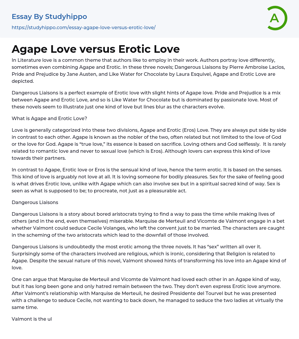 Agape Love versus Erotic Love Essay Example
