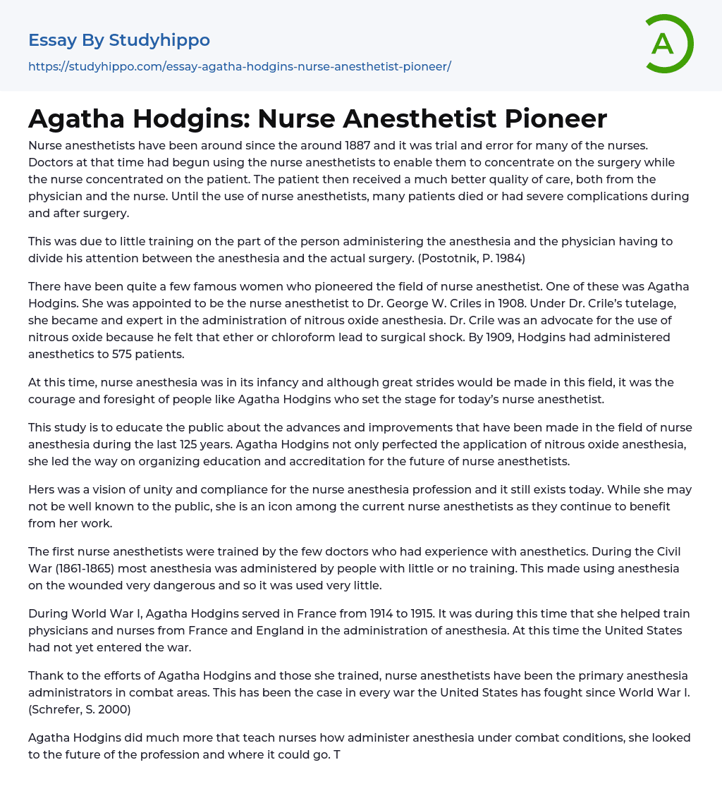 Agatha Hodgins: Nurse Anesthetist Pioneer Essay Example