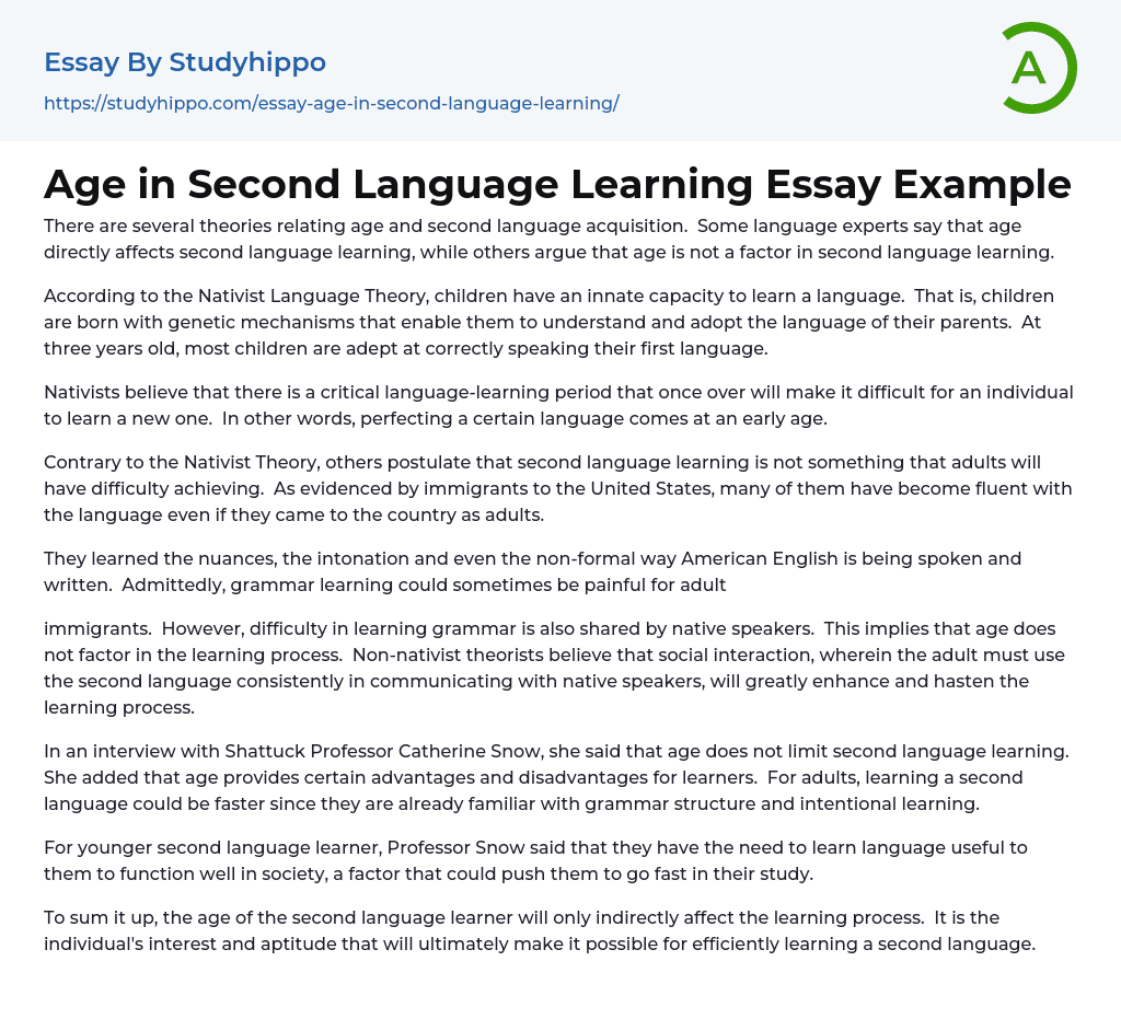 Age in Second Language Learning Essay Example