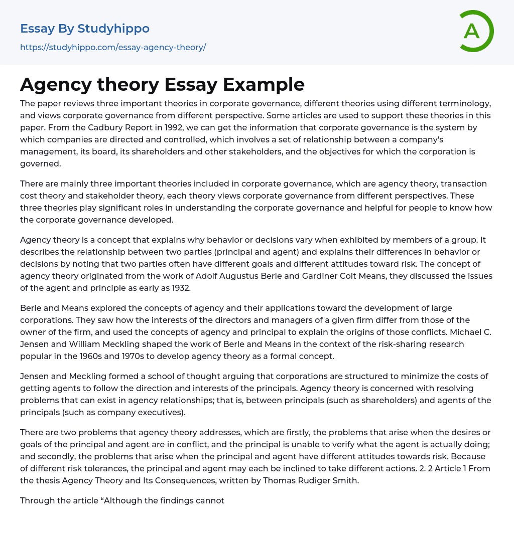 Agency theory Essay Example