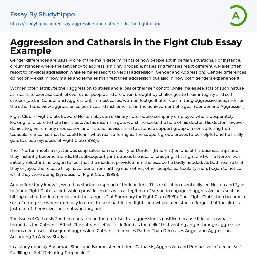 Aggression and Catharsis in the Fight Club Essay Example