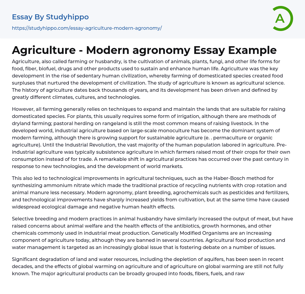 Agriculture – Modern agronomy Essay Example