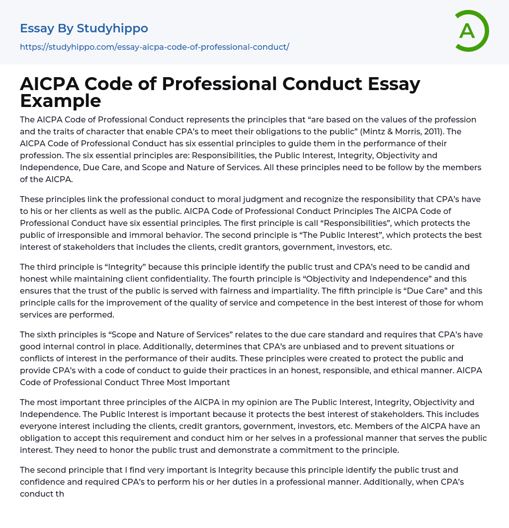 AICPA Code of Professional Conduct Essay Example