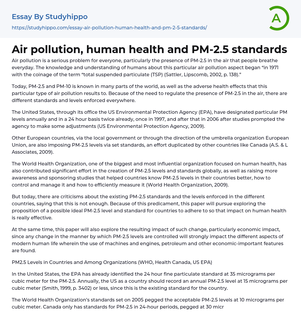 Air pollution, human health and PM-2.5 standards Essay Example