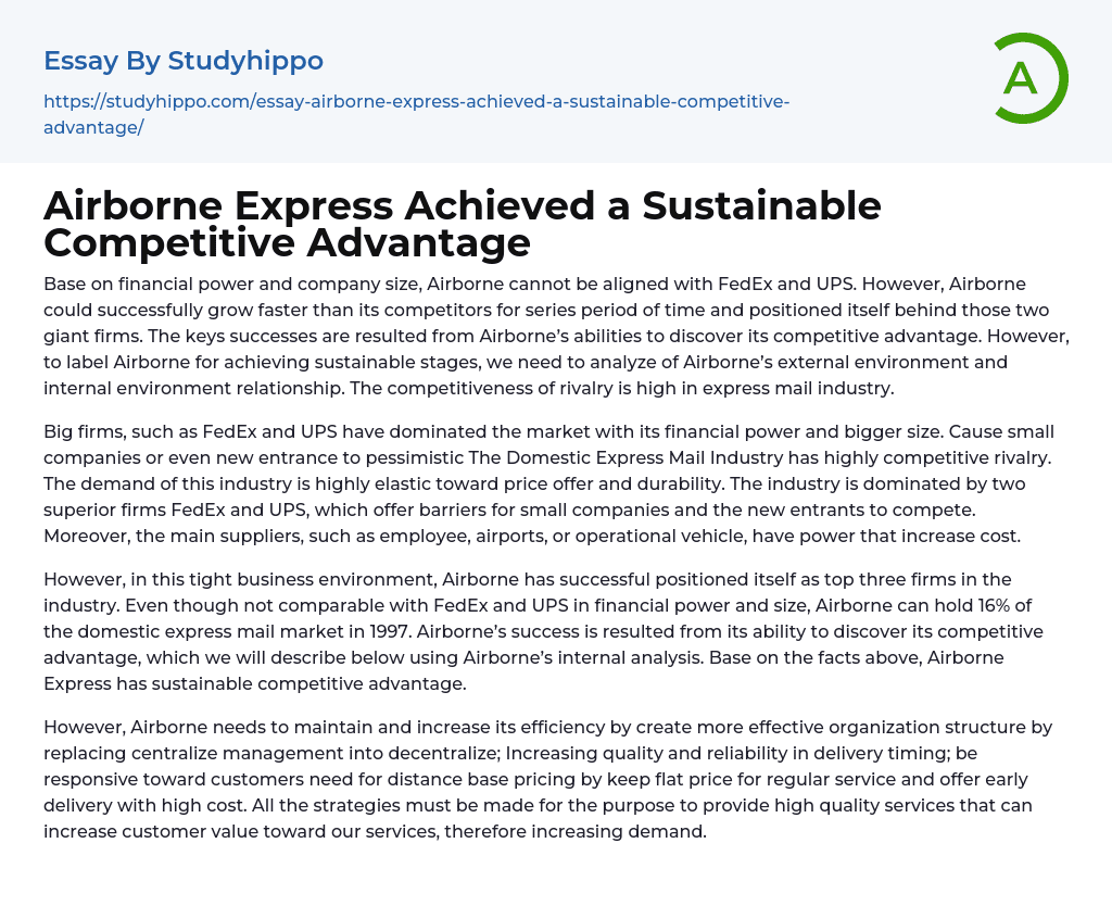 Airborne Express Achieved a Sustainable Competitive Advantage Essay Example