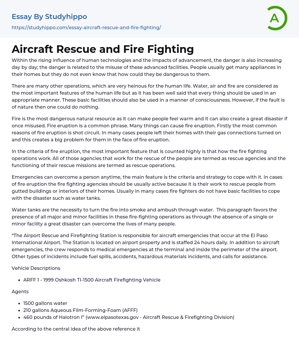 Aircraft Rescue and Fire Fighting Essay Example