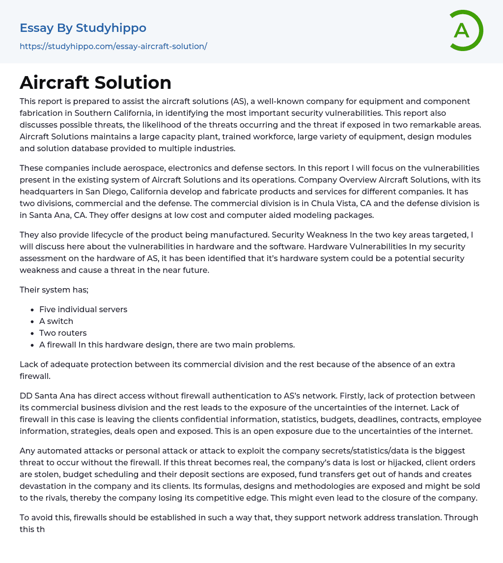 Aircraft Solution Essay Example