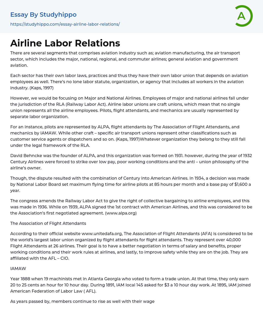 Airline Labor Relations Essay Example