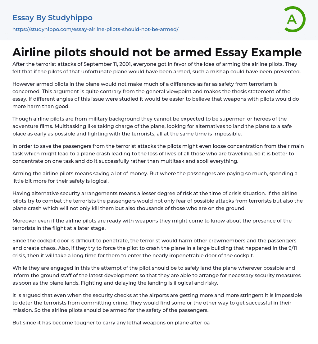 Airline pilots should not be armed Essay Example