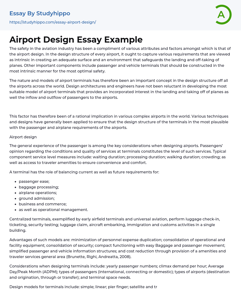 Airport Design Essay Example