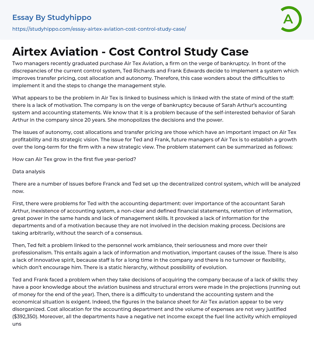 Airtex Aviation – Cost Control Study Case Essay Example