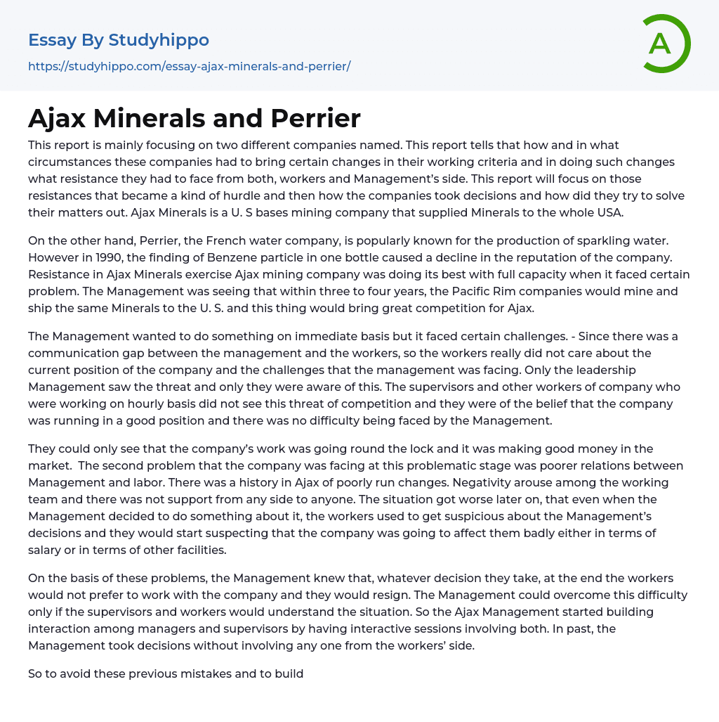 Ajax Minerals and Perrier Essay Example