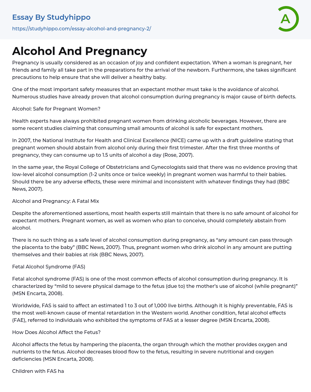 Alcohol And Pregnancy Essay Example