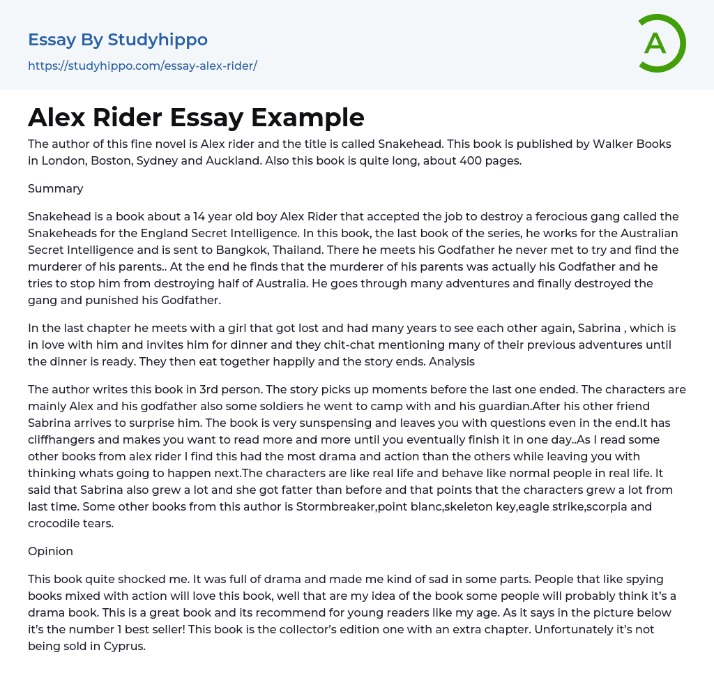 Alex Rider Essay Example