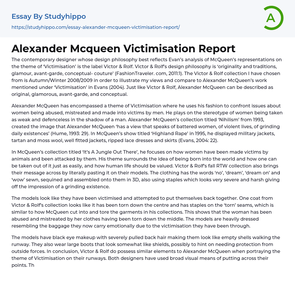 Alexander Mcqueen Victimisation Report Essay Example