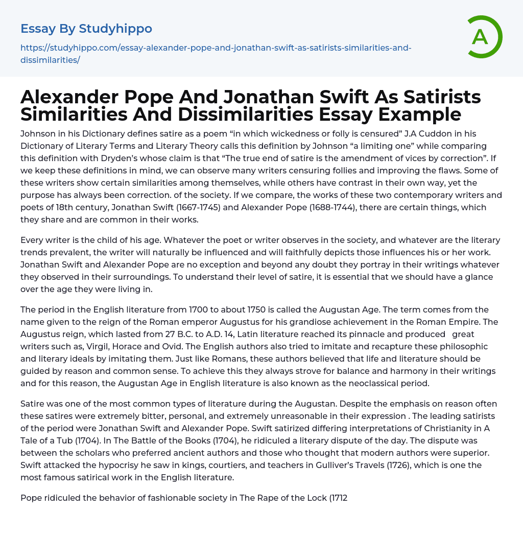 Alexander Pope And Jonathan Swift As Satirists Similarities And Dissimilarities Essay Example