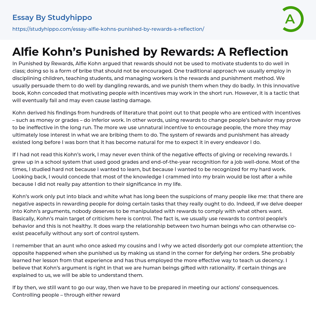 Alfie Kohn’s Punished by Rewards: A Reflection Essay Example