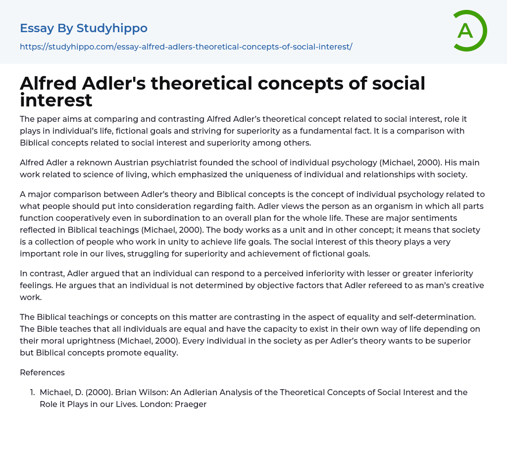 Alfred Adler’s theoretical concepts of social interest Essay Example