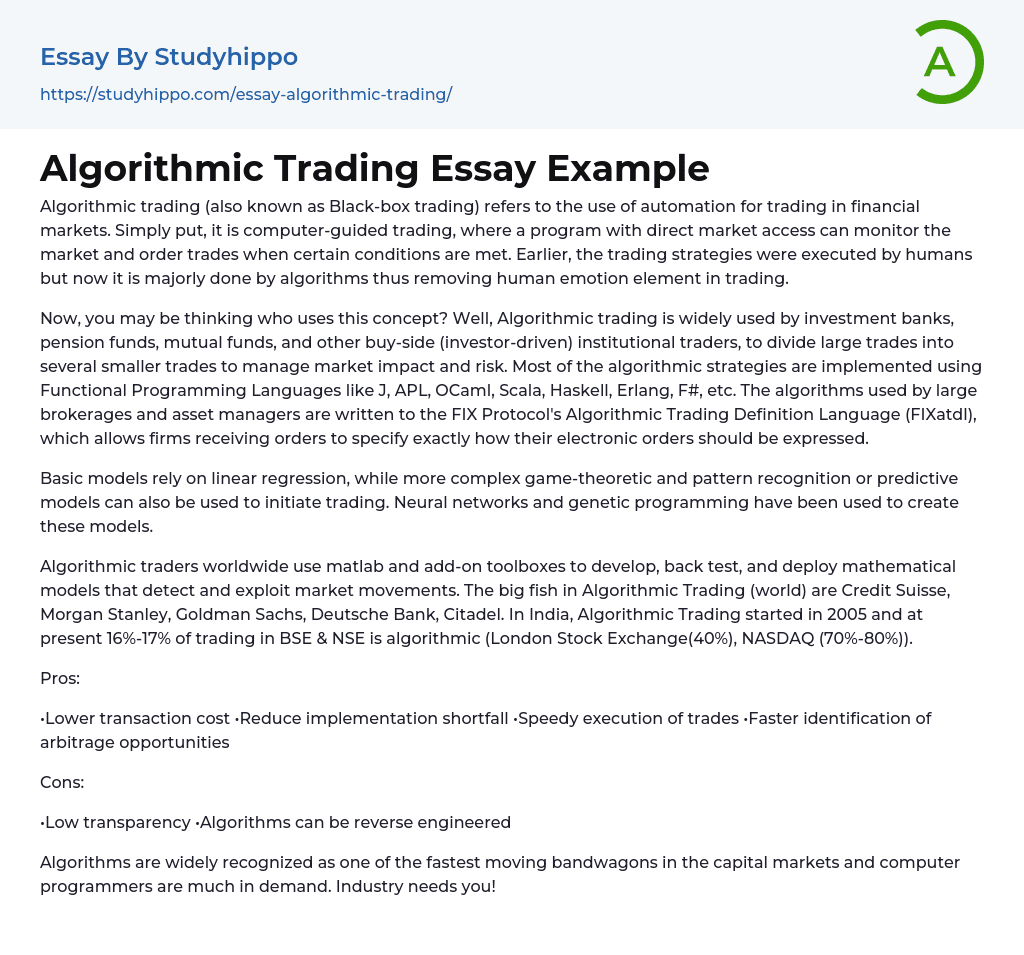 Algorithmic Trading Essay Example