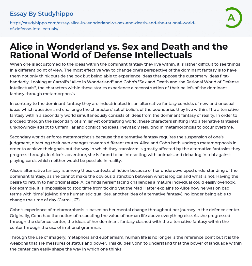 Alice in Wonderland vs. Sex and Death and the Rational World of Defense Intellectuals Essay Example