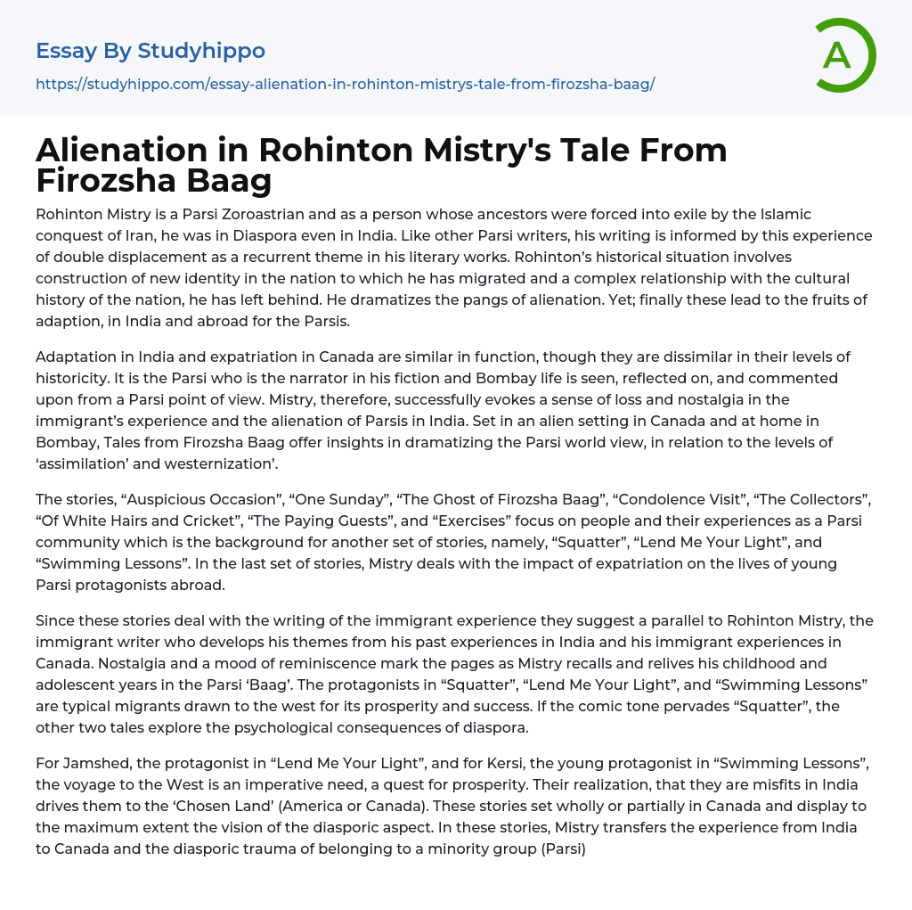 Alienation in Rohinton Mistry’s Tale From Firozsha Baag Essay Example